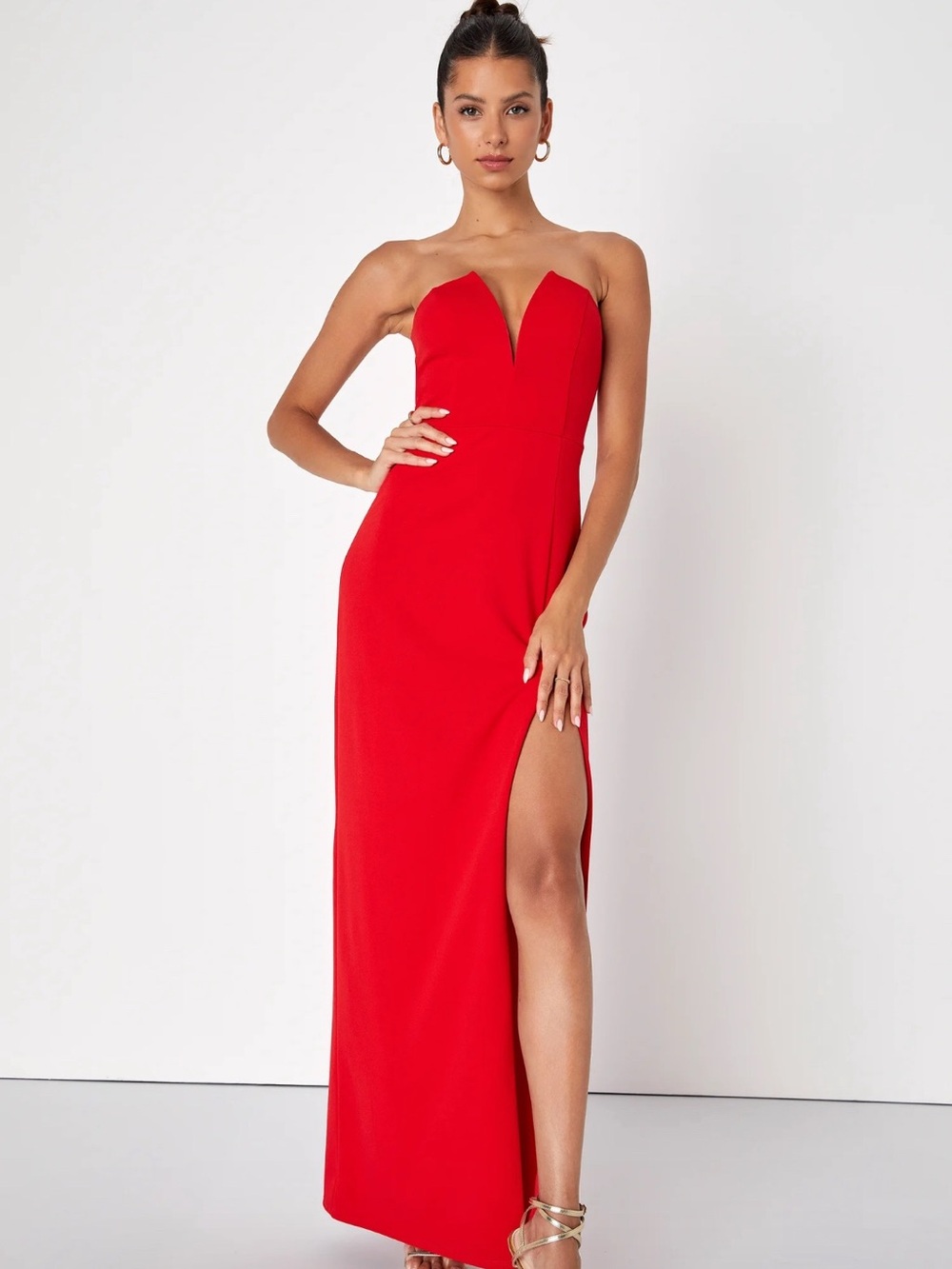 Lulu's Strapless Red Sweetheart Gown with High Slit